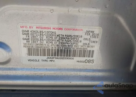 2016 Mitsubishi Outlander Sport 2.0 Es z USA, uszkodzony, nr VIN JA4AP3AU2GZ030930